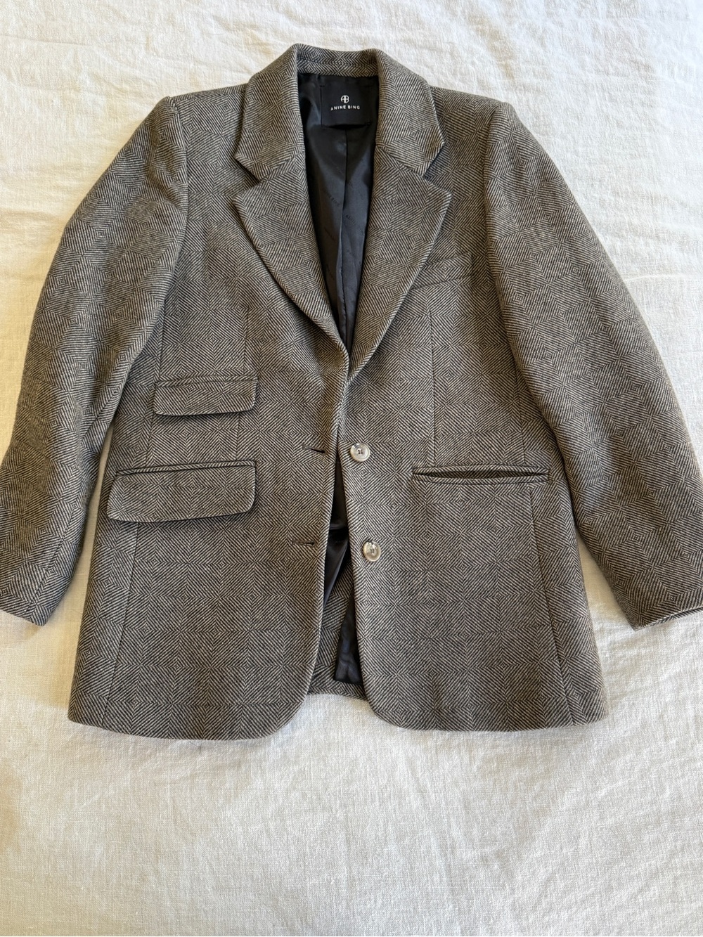 Anine Bing Gray Herringbone Wool Blazer